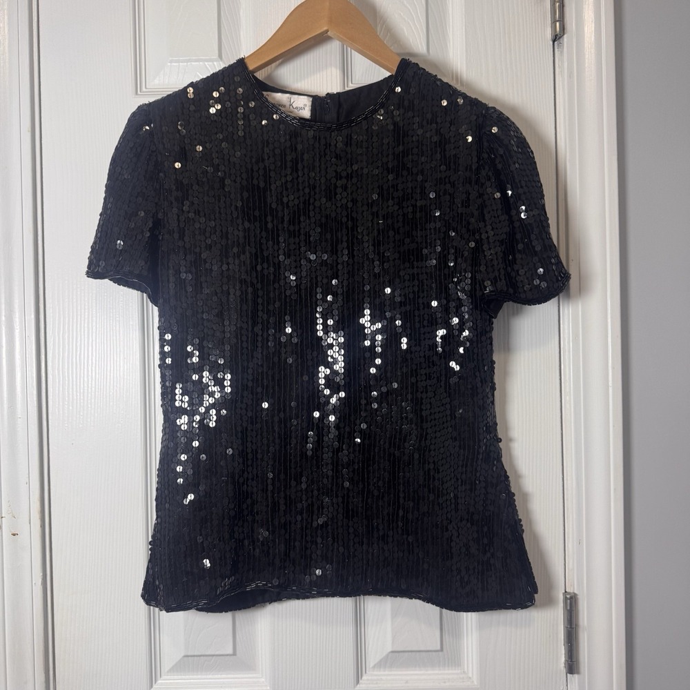 Laurence Kazar Women's Sz  M Petite Black Sequins Beaded Evening Top SS VTG